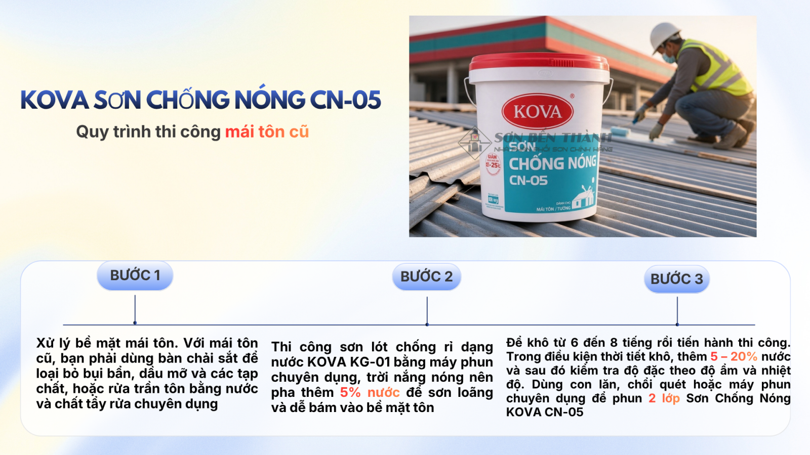 Quy trình thi công mái tôn cũ KOVA SƠN CHỐNG NÓNG CN-05